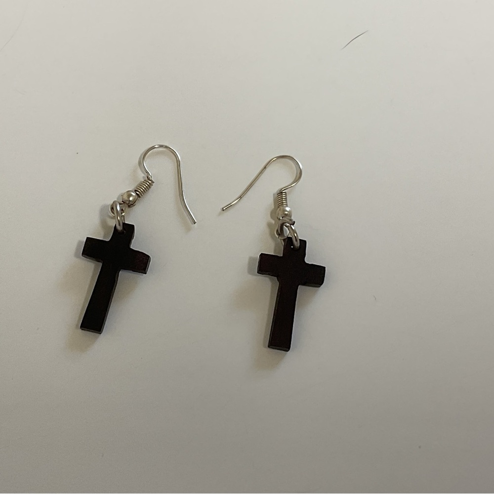 Wood Cross Earrings dangle fish hook - Picture 2 of 5